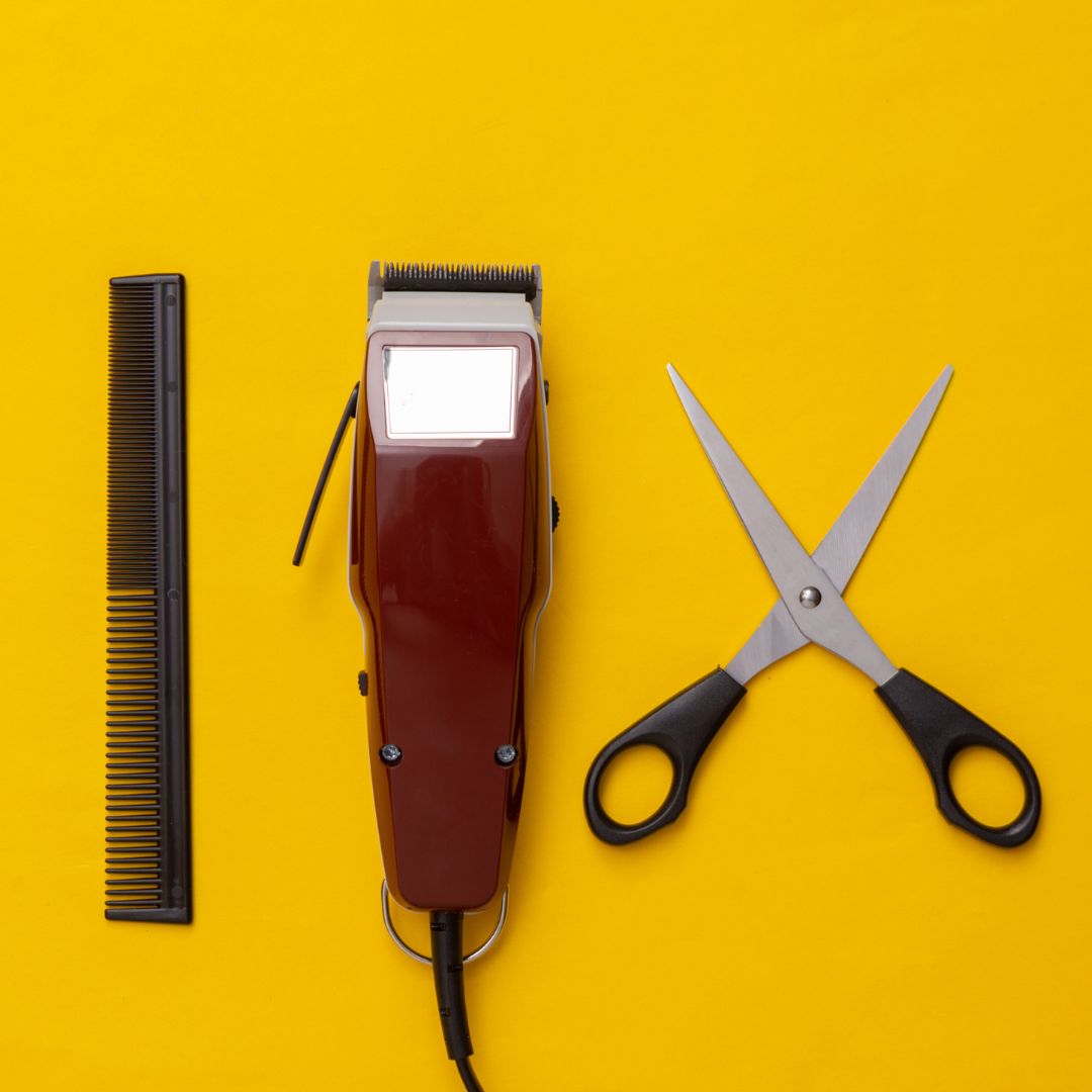 beard scissors, comb and electric trimmer